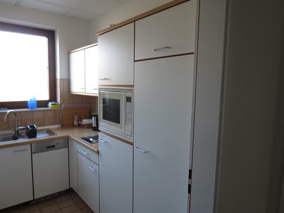 Einbauküche mit Backofen, Mikrowelle, Spülmaschine und Kühlschrank mit Gefrierfach