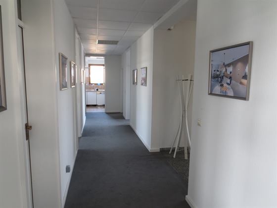 Zentraler Flur der Büroetage mit Türen zu den Büros und Blick zur Einbauküche